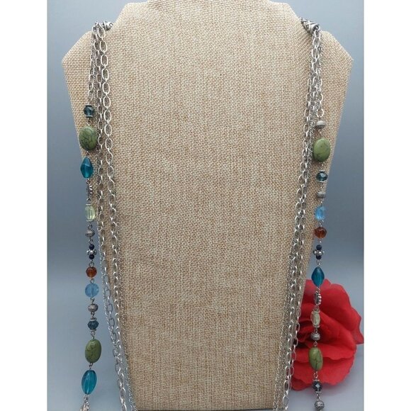 Premier Designs Silver Tone Necklace Multi Strand Chains Colorful Beads 36" - Picture 4 of 11